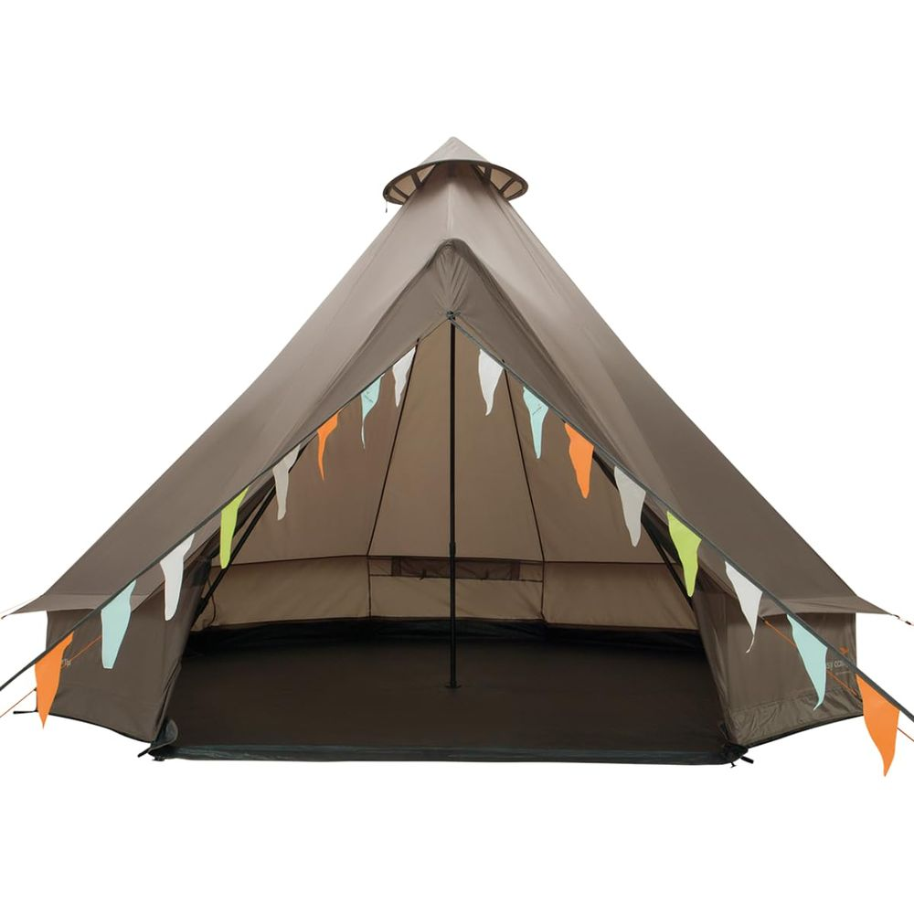 Una tenda tipi marrone con gagliardetti colorati, su sfondo bianco.