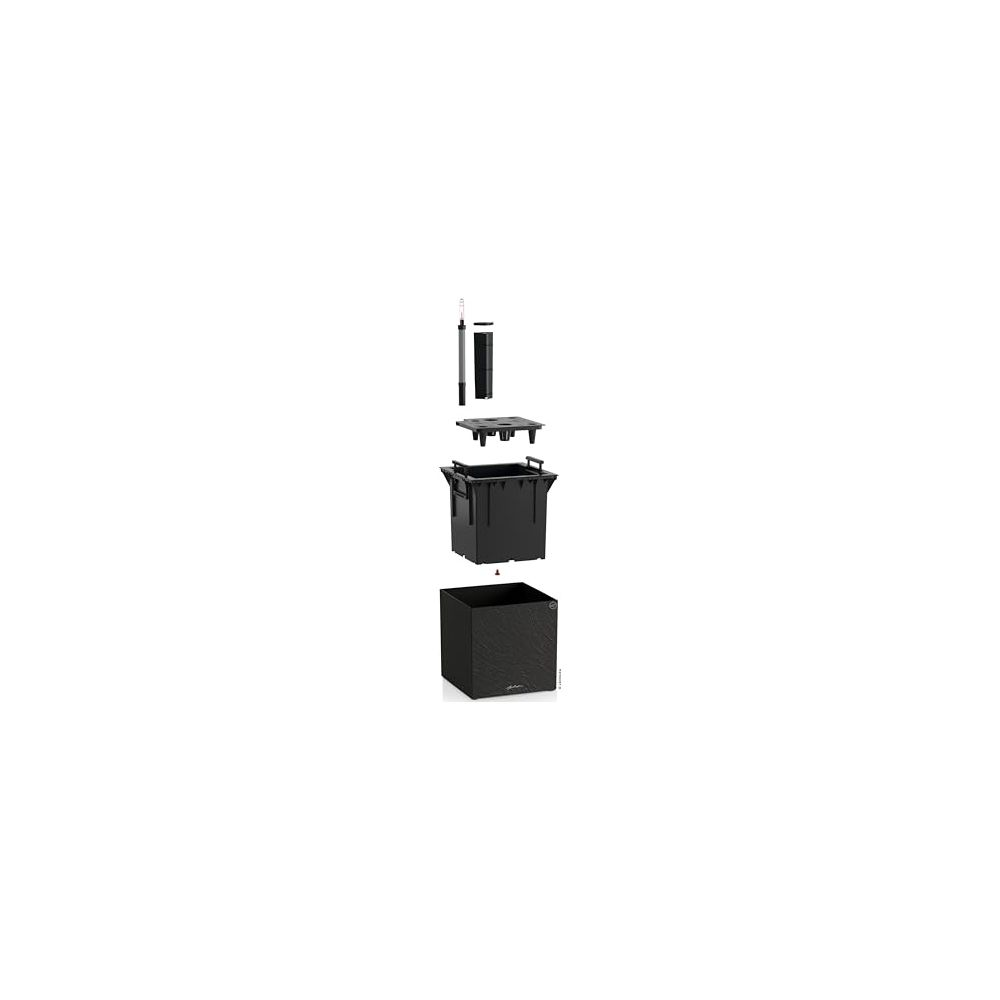 Jardinière noire avec insert et colonne d'arrosage, démontée.