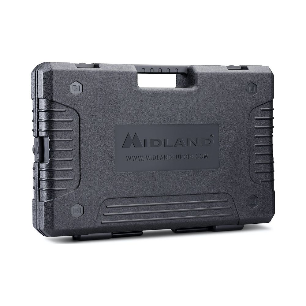 Custodia nera con logo Midland e indirizzo web sul davanti.