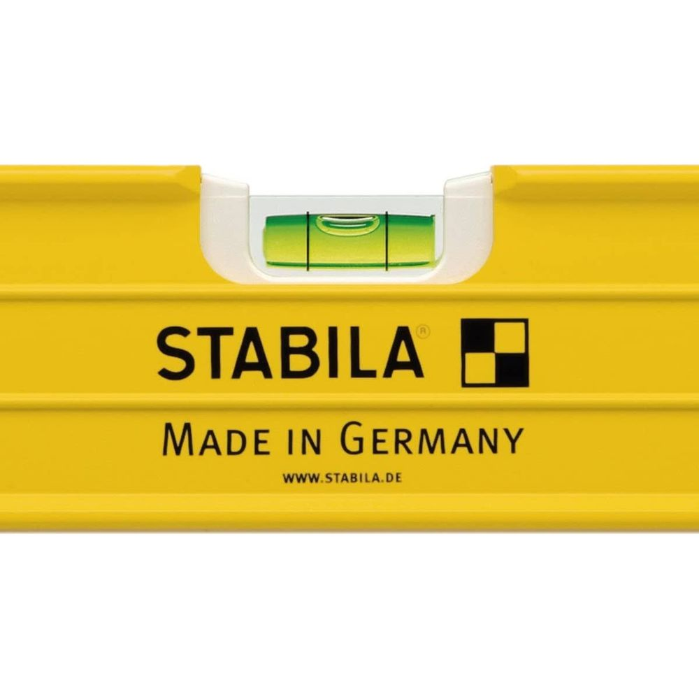 Niveau à bulle jaune avec logo STABILA et bulle.