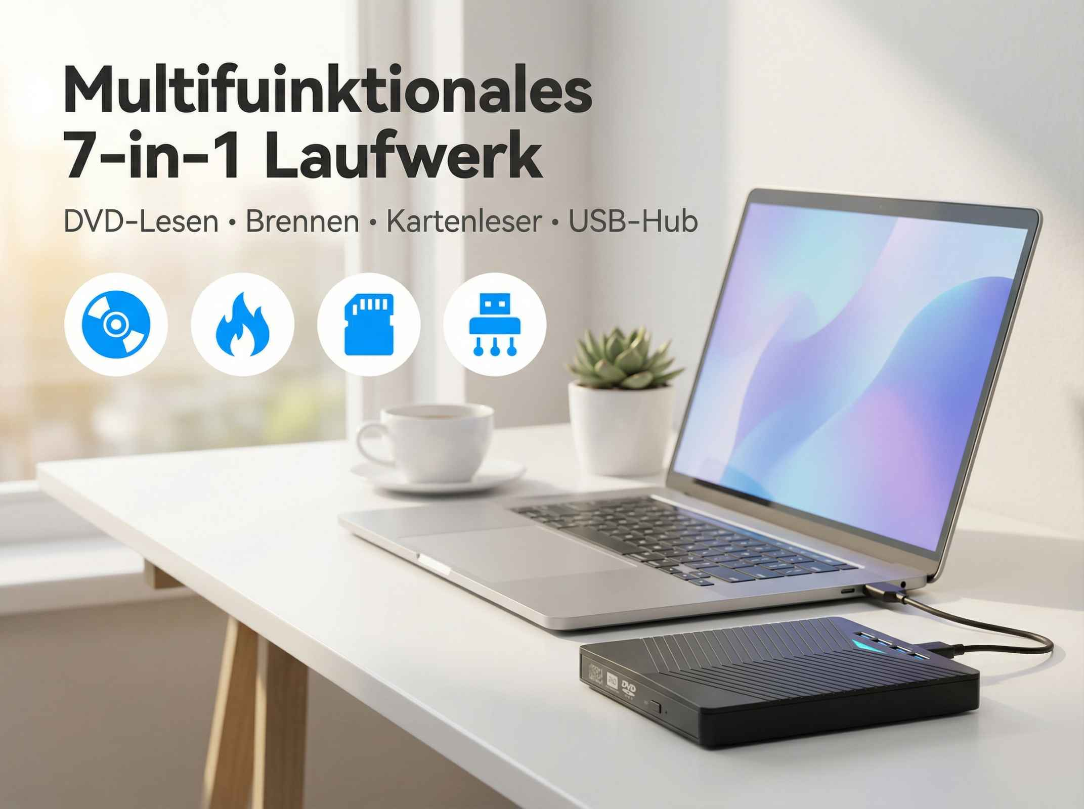 Ein Laptop ist an ein externes 7-in-1 Laufwerk angeschlossen. Icons zeigen DVD, Feuer, SD-Karte & USB-Hub.