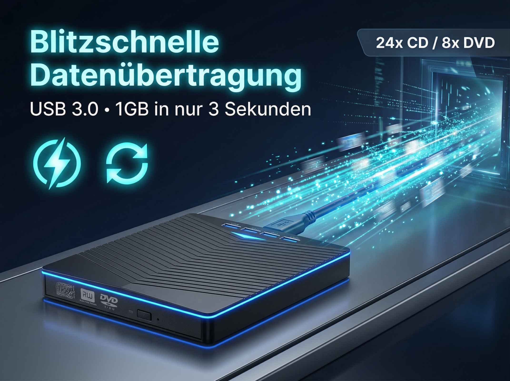 Schwarzer externer CD/DVD-Brenner mit blauer LED-Beleuchtung, USB 3.0.
