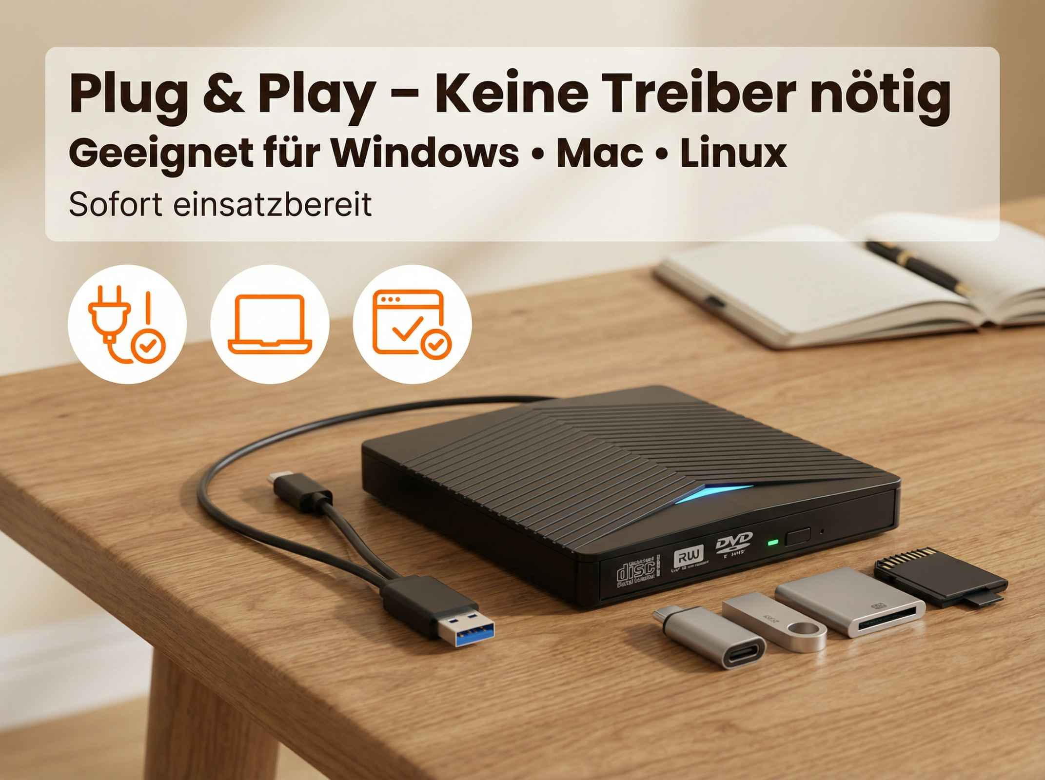 Schwarzer externer DVD-Brenner mit USB-Anschluss und Speicherkartenleser.