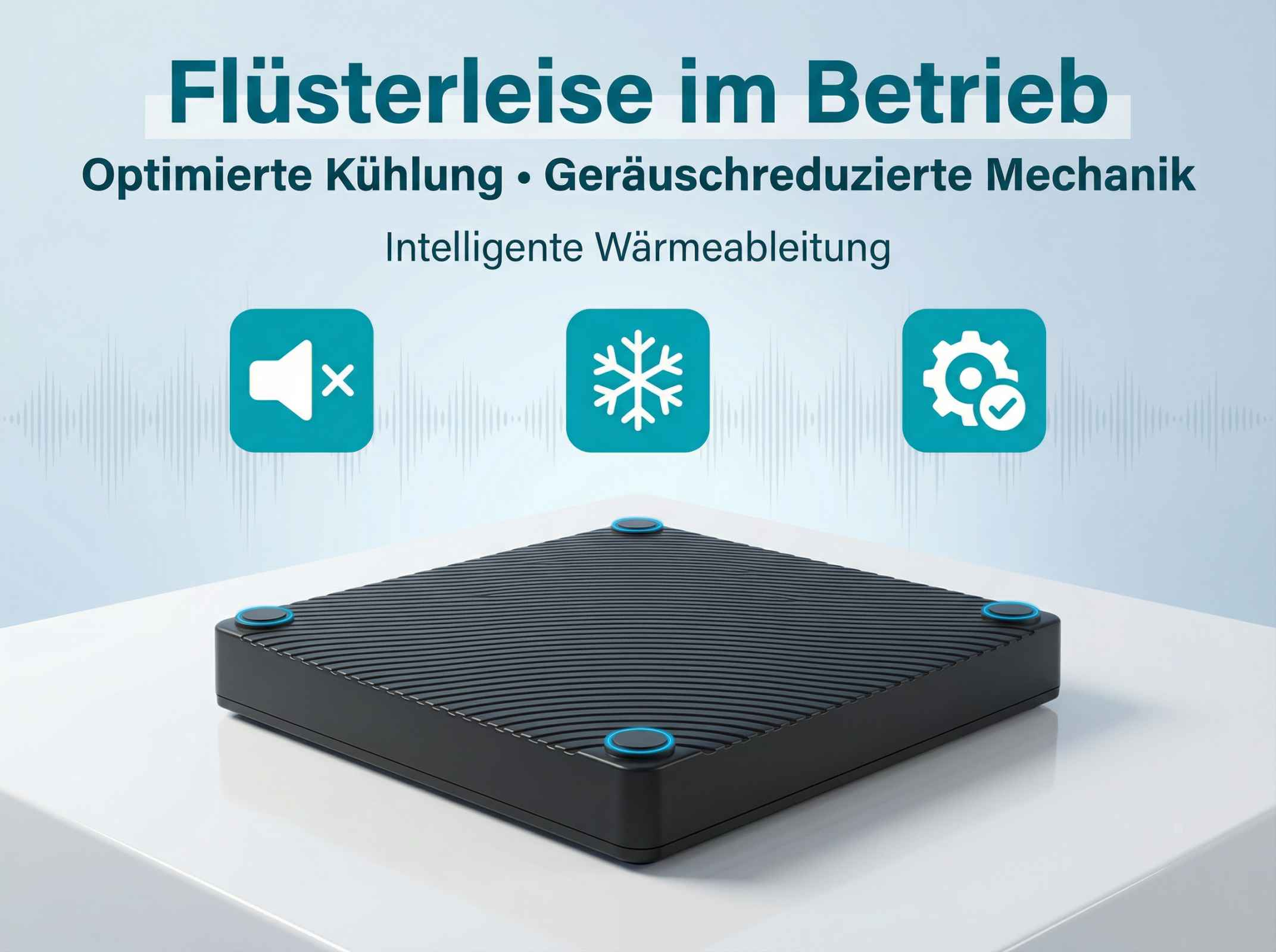 Ein schwarzes Gerät mit drei Symbolen: Lautsprecher mit X, Schneeflocke, Zahnrad mit Häkchen.