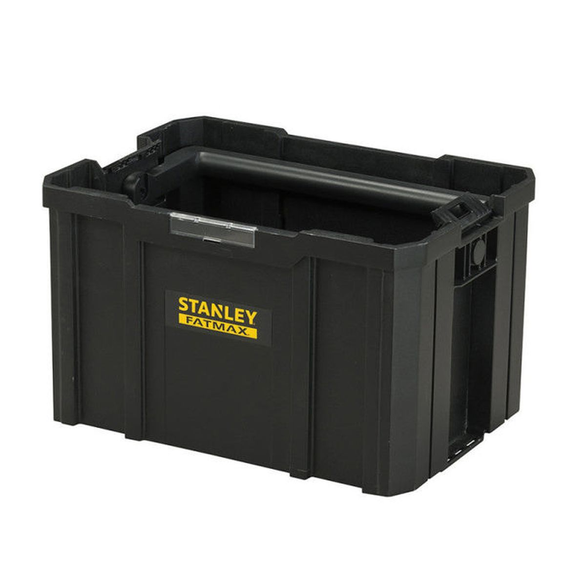 Schwarze Stanley Fatmax Werkzeugkiste mit silbernem Griff und Logo.