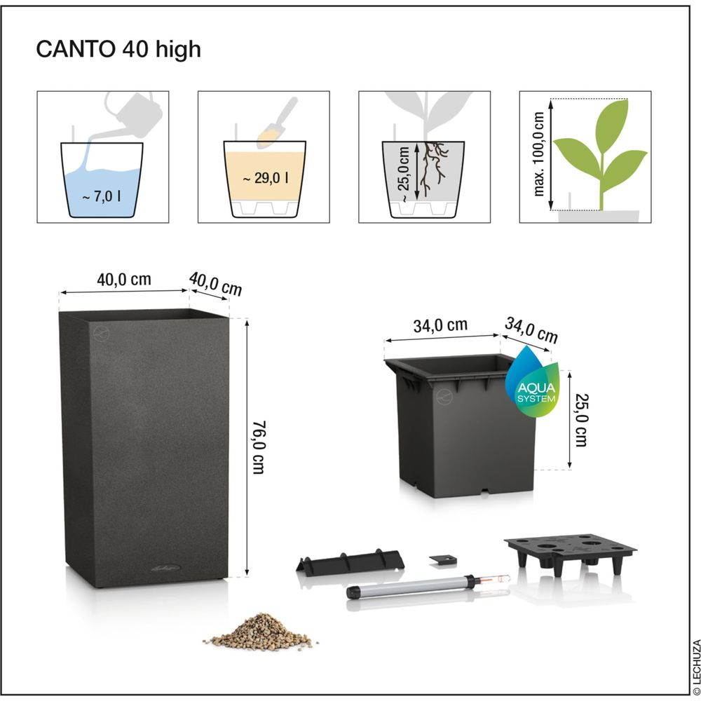 Diagramm des CANTO 40 high Pflanzgefäßes mit Maßen und Zubehör.