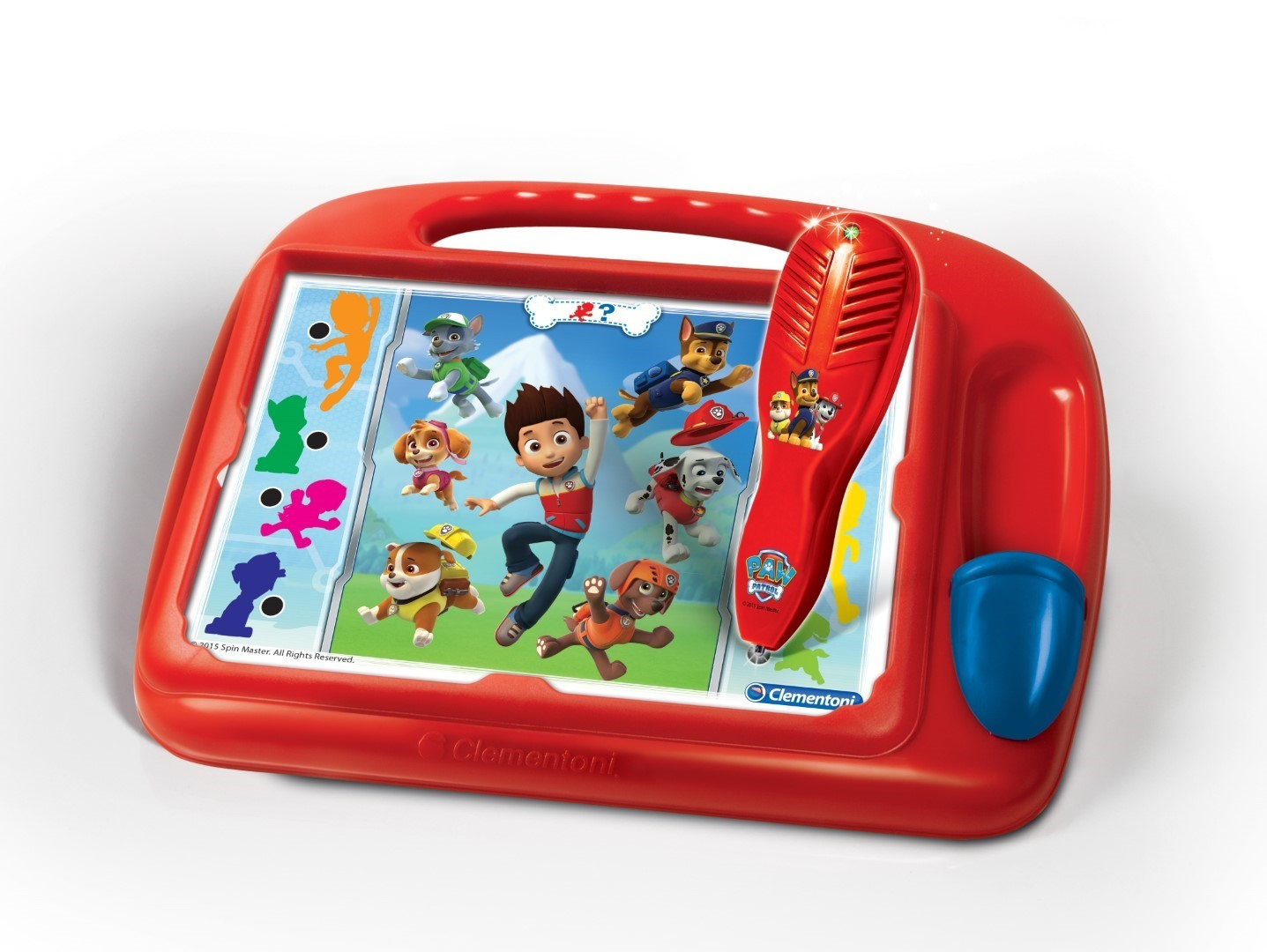 Un giocattolo elettronico educativo rosso con personaggi di Paw Patrol e una penna.