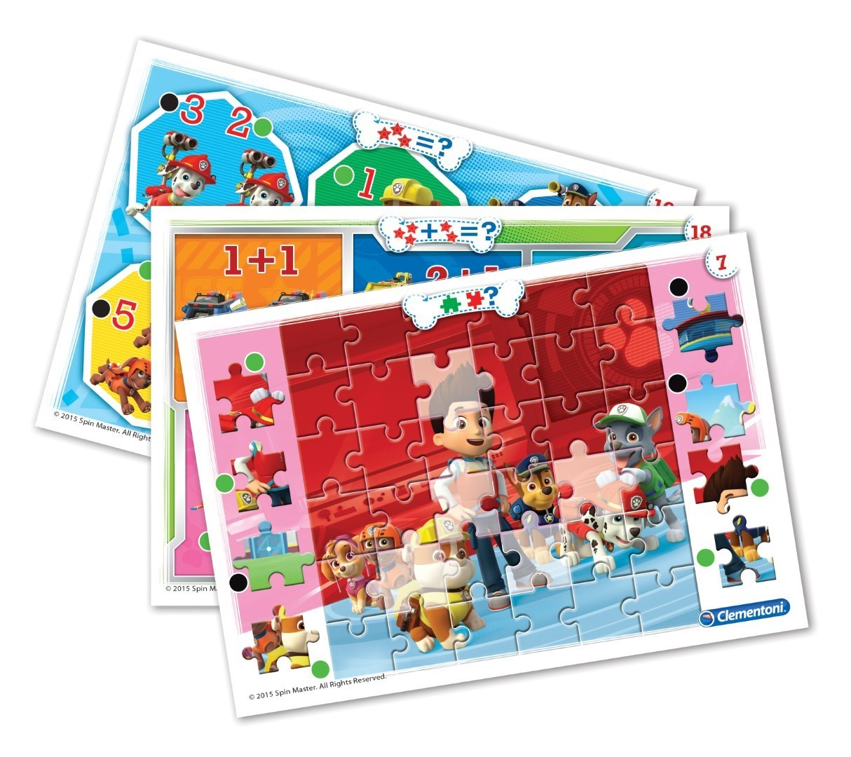 Puzzle Paw Patrol con numeri e personaggi su sfondi colorati.