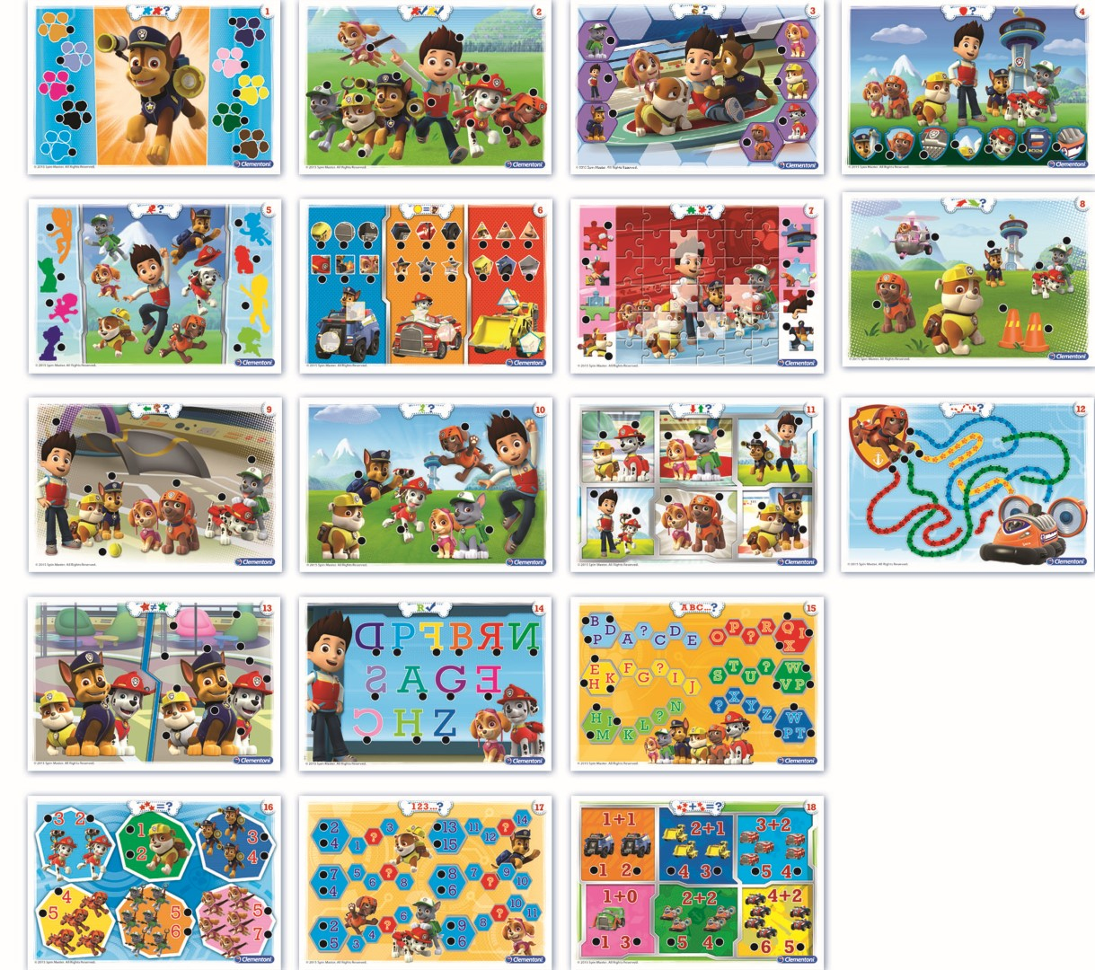 Una griglia di 18 giochi educativi per bambini con personaggi della Paw Patrol, inclusi puzzle, abbinamenti e conteggio.