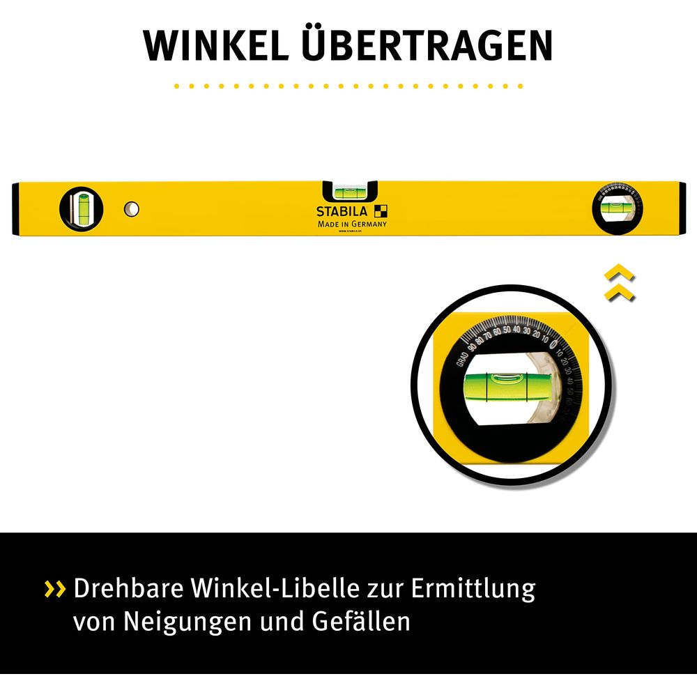 Gelbe Wasserwaage mit Drehscheibe und Beschriftung 'Winkel übertragen'.