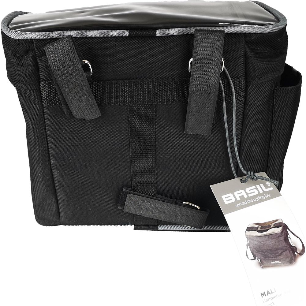 Sac noir pour guidon de vélo avec dessus transparent et sangles. Logo Basil.