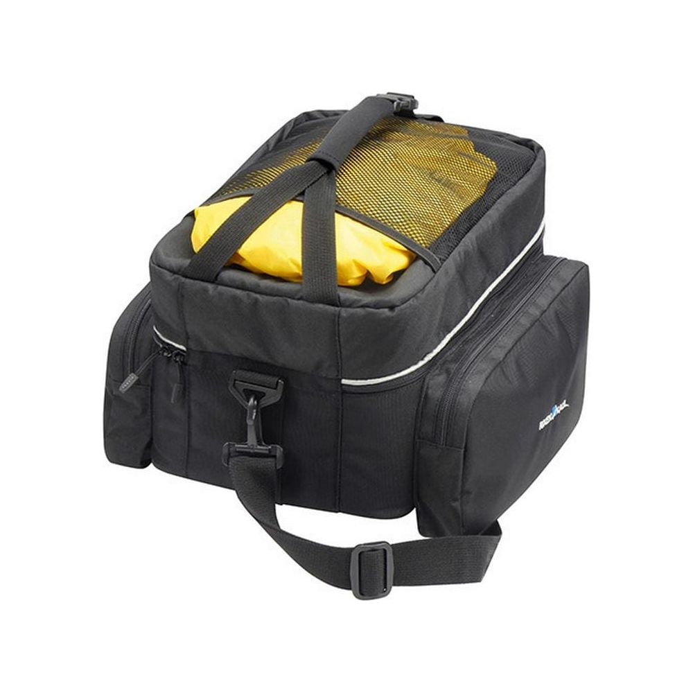Schwarze Fahrradtasche mit gelbem Inhalt und Netzoberseite.