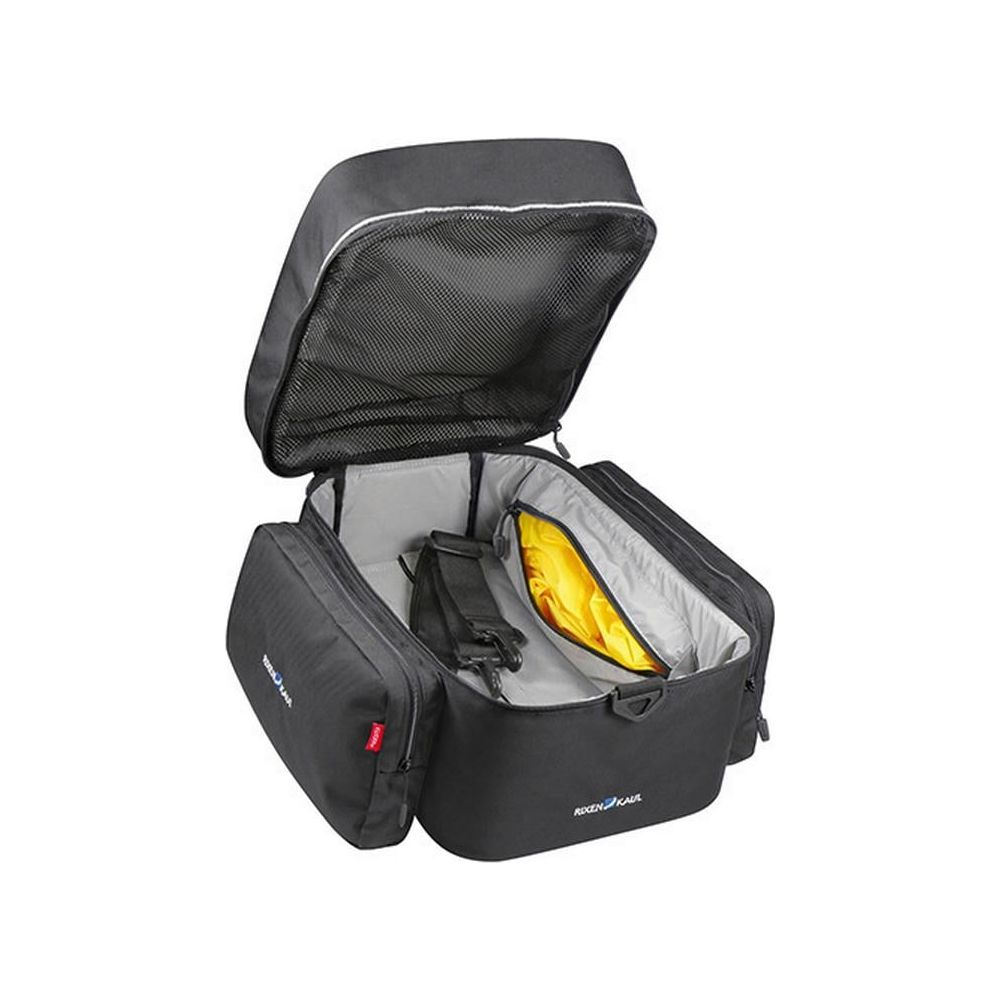 Schwarze Fahrradtasche mit offenem Deckel und gelbem Innenbeutel.
