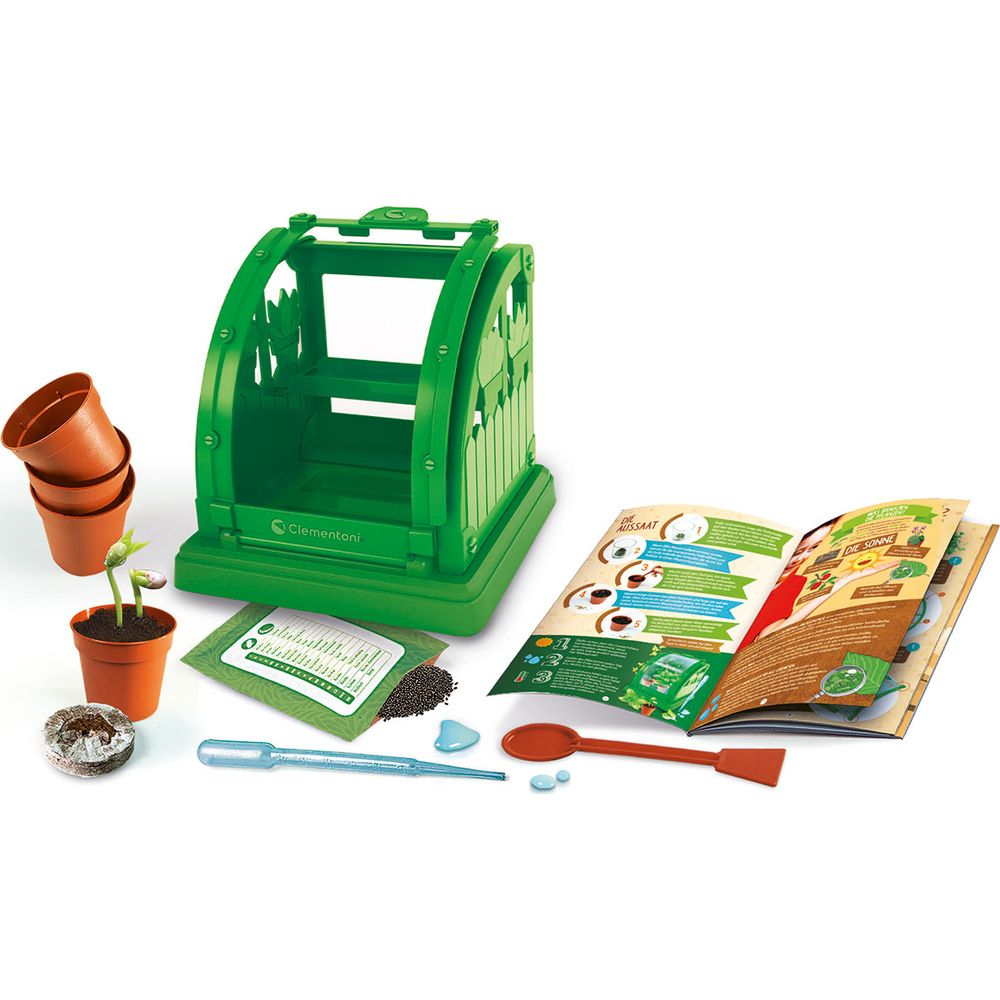 Gewächshaus-Set mit Töpfen, Sämling, Samen, Pipette, Löffel und Anleitung.