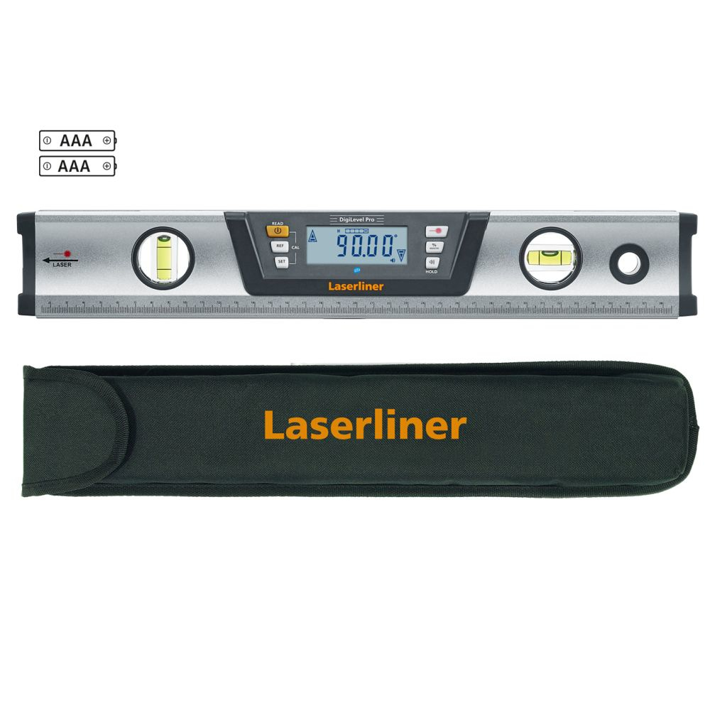 Digitaler Laserliner mit AAA-Batterieanzeige, Wasserwaage und Etui.