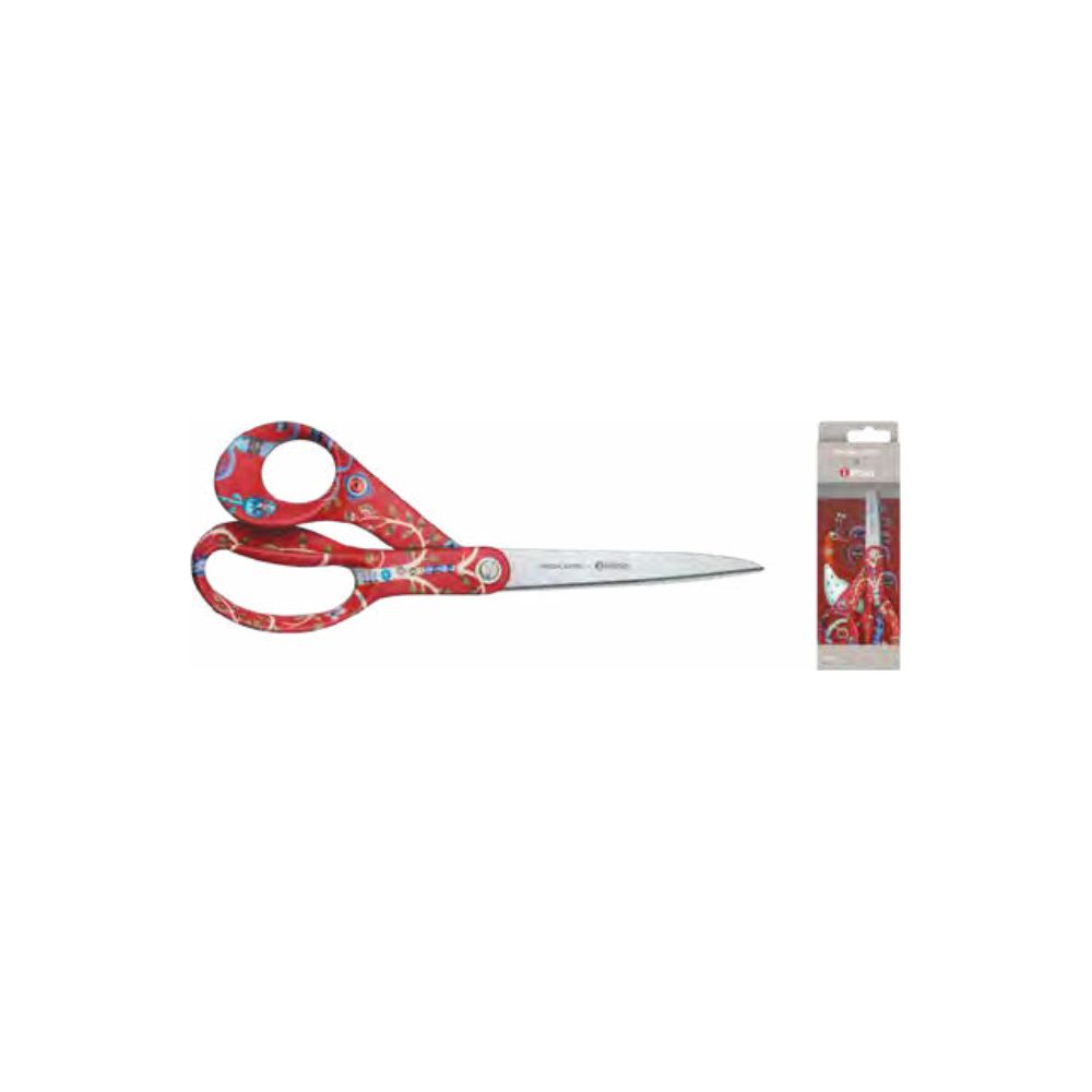 Eine rote Schere mit blau-rotem Muster liegt links, daneben die Verpackung.