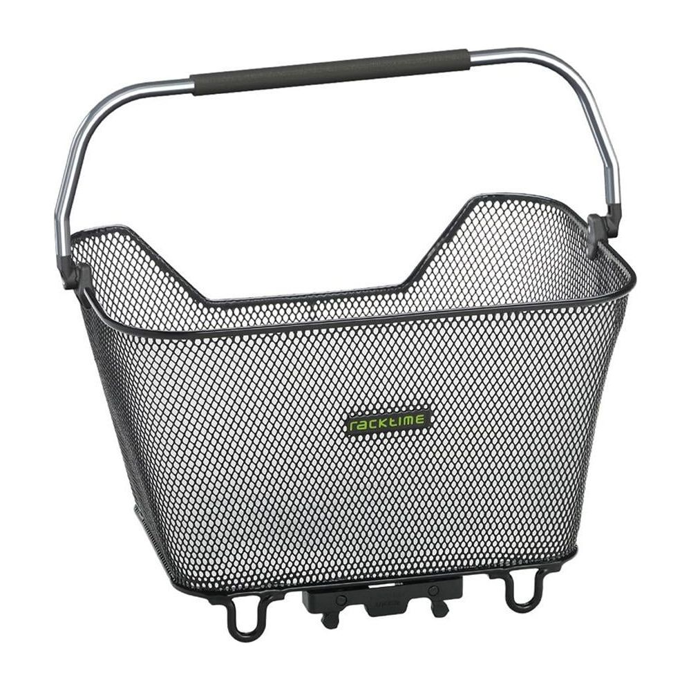 Cesta negra de malla metálica para bicicleta con asas plateadas y logo.