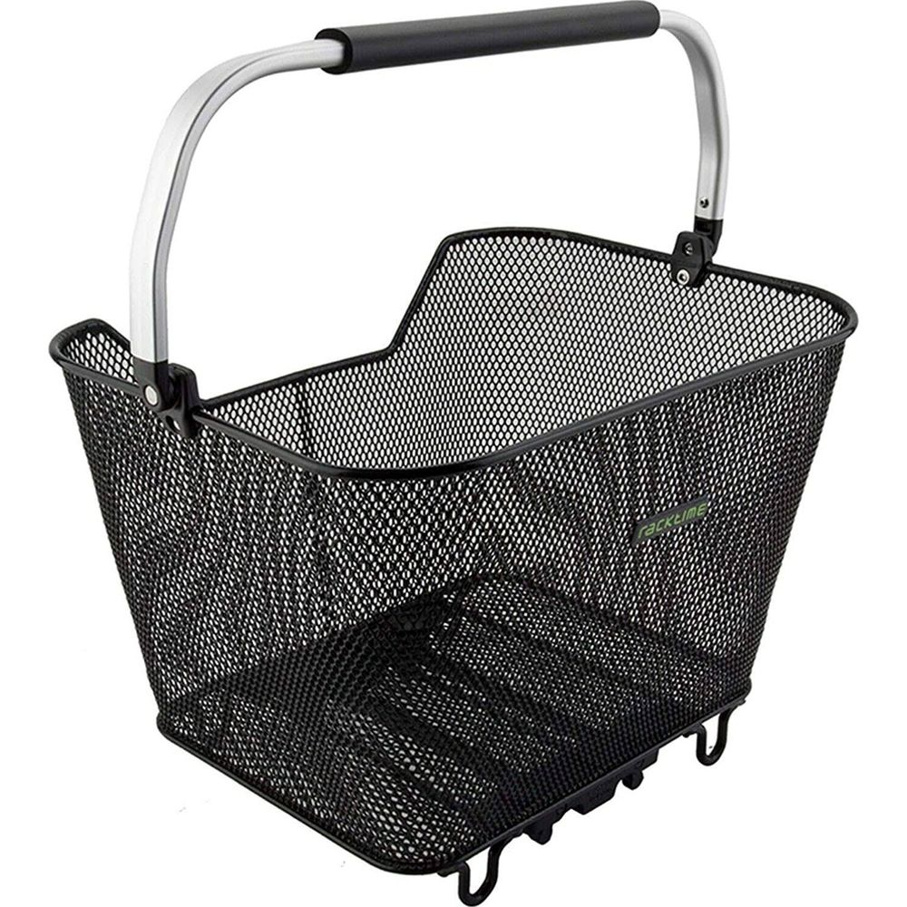 Cesta de bicicleta negra de malla de alambre con asa plateada y empuñadura negra.
