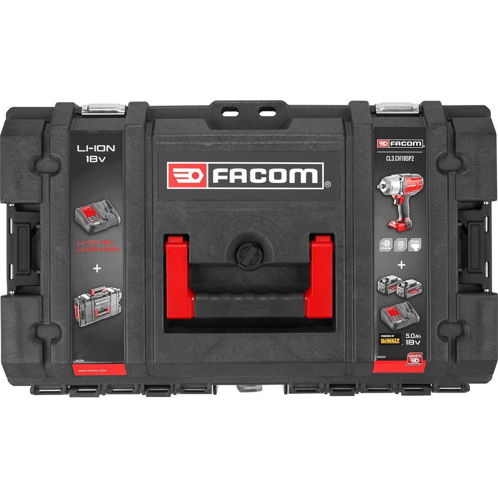 Schwarzer Werkzeugkasten mit rotem Griff, FaCOM-Logo und Werkzeugabbildungen.