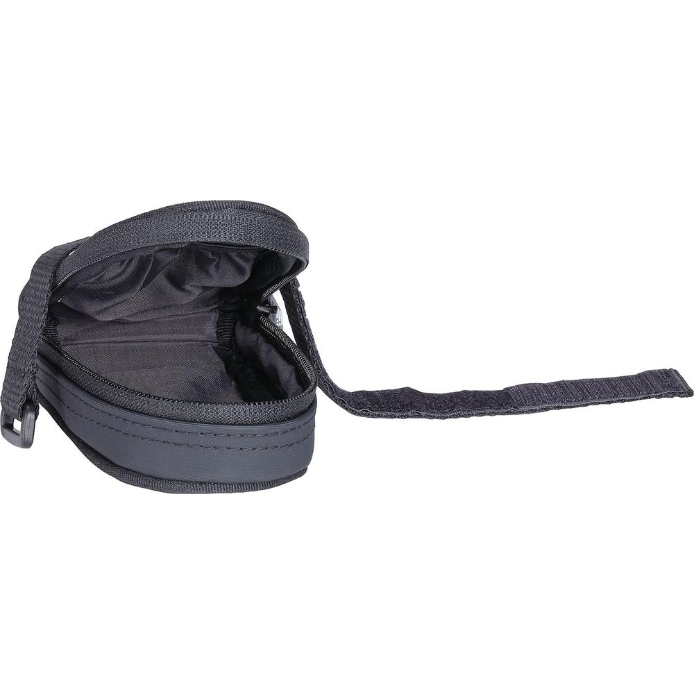 Eine schwarze, offene Tasche mit Reißverschluss und Klettverschluss-Riemen.