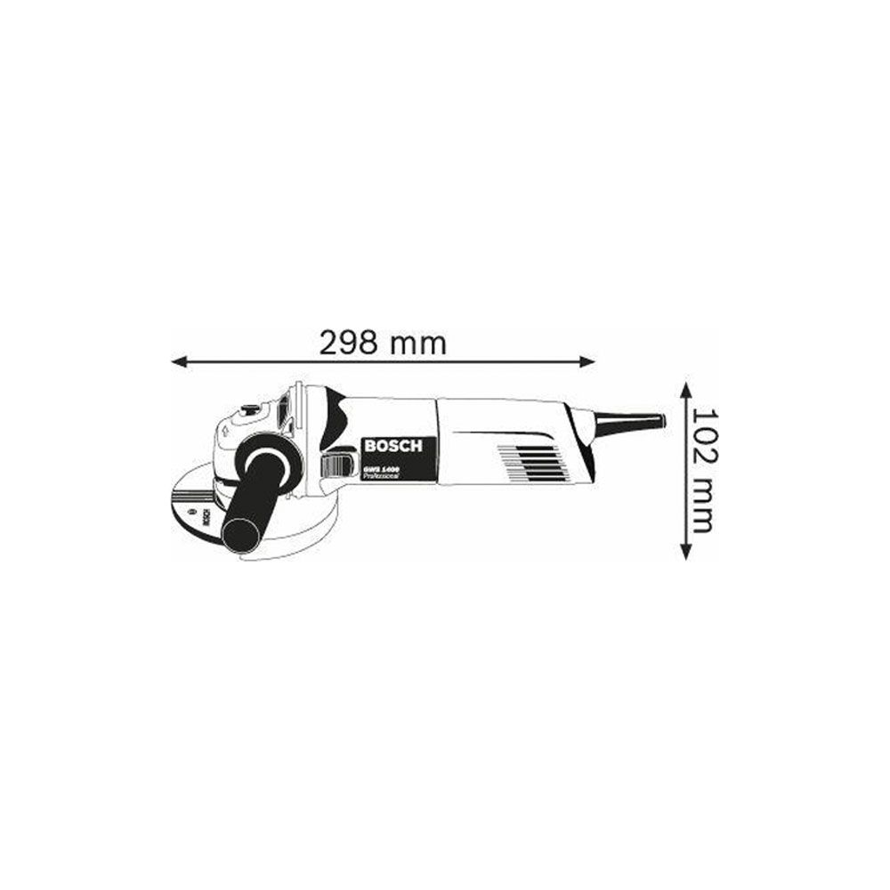 Meuleuse d'angle Bosch, longueur 298 mm, hauteur 102 mm.