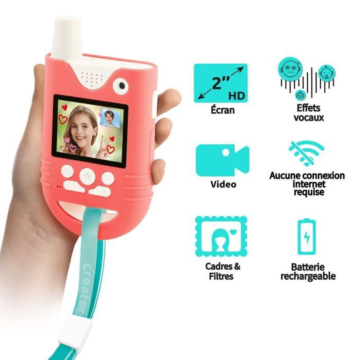 Un walkie-talkie rosa per bambini con schermo che mostra una bambina e caratteristiche.