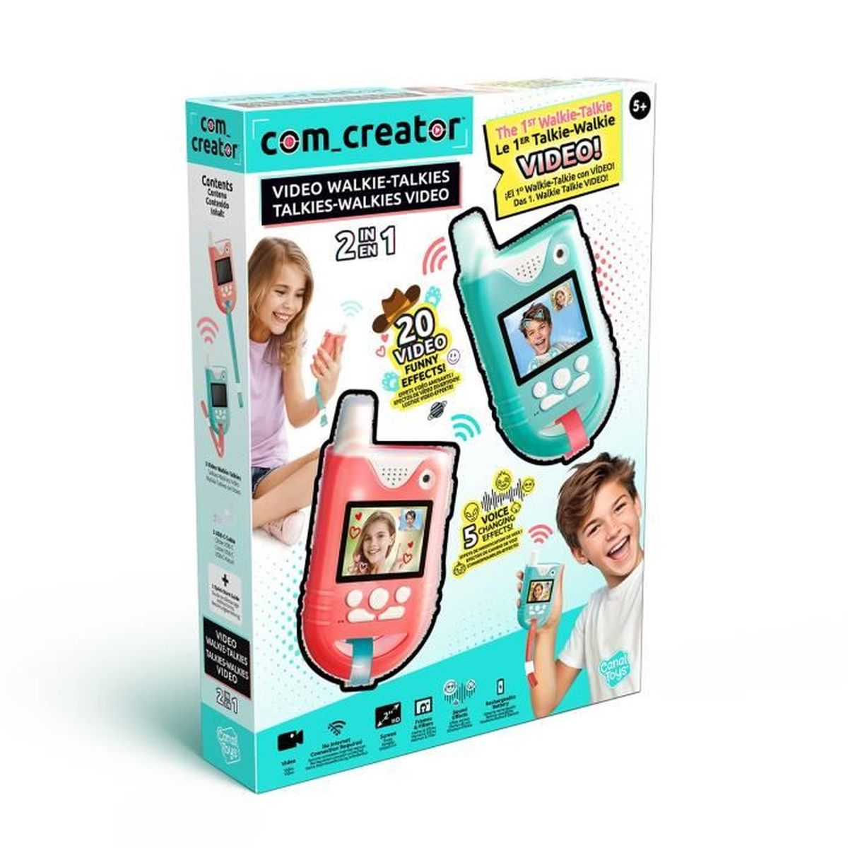 Confezione di un set di walkie-talkie video Com Creator con bambini.