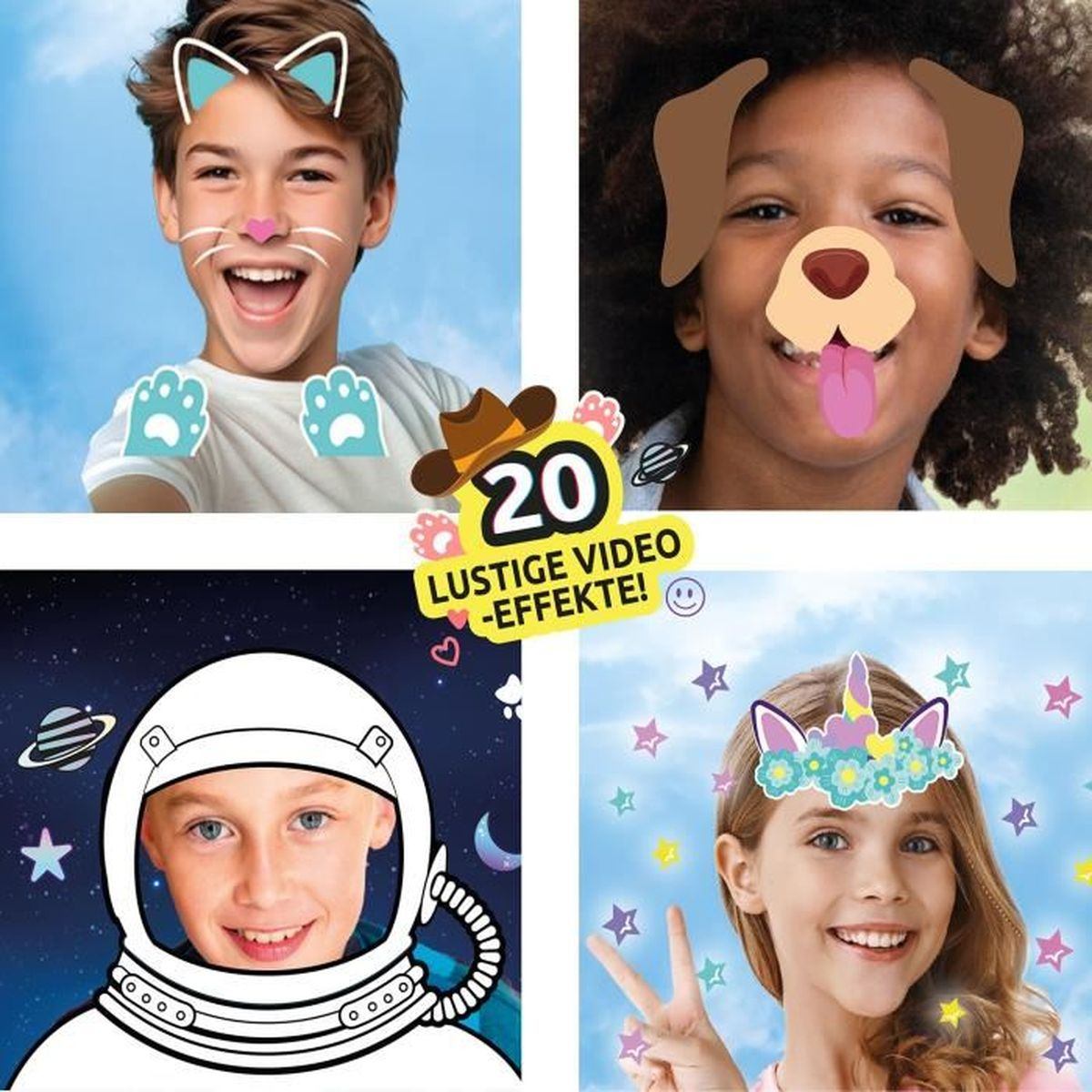 Quattro bambini con effetti digitali: gatto, cane, astronauta e unicorno.