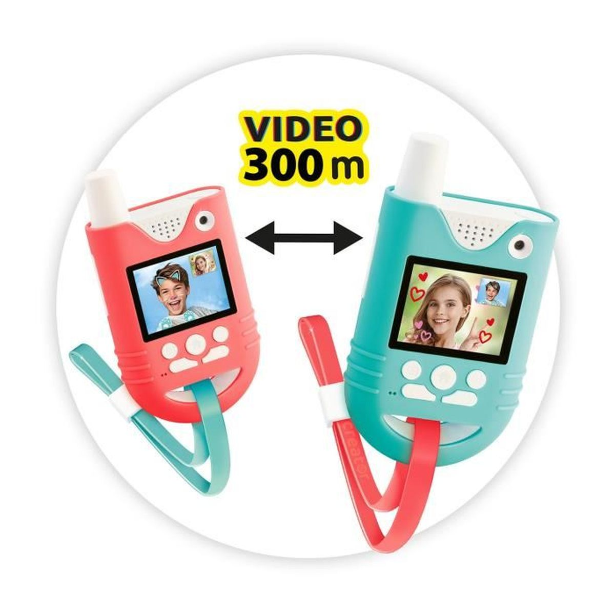 Due walkie-talkie, rosso e turchese, con bambini sullo schermo. Portata 300m.