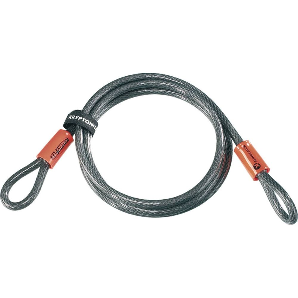 Ein graues Stahlkabel mit orangefarbenen Endkappen und Logos.