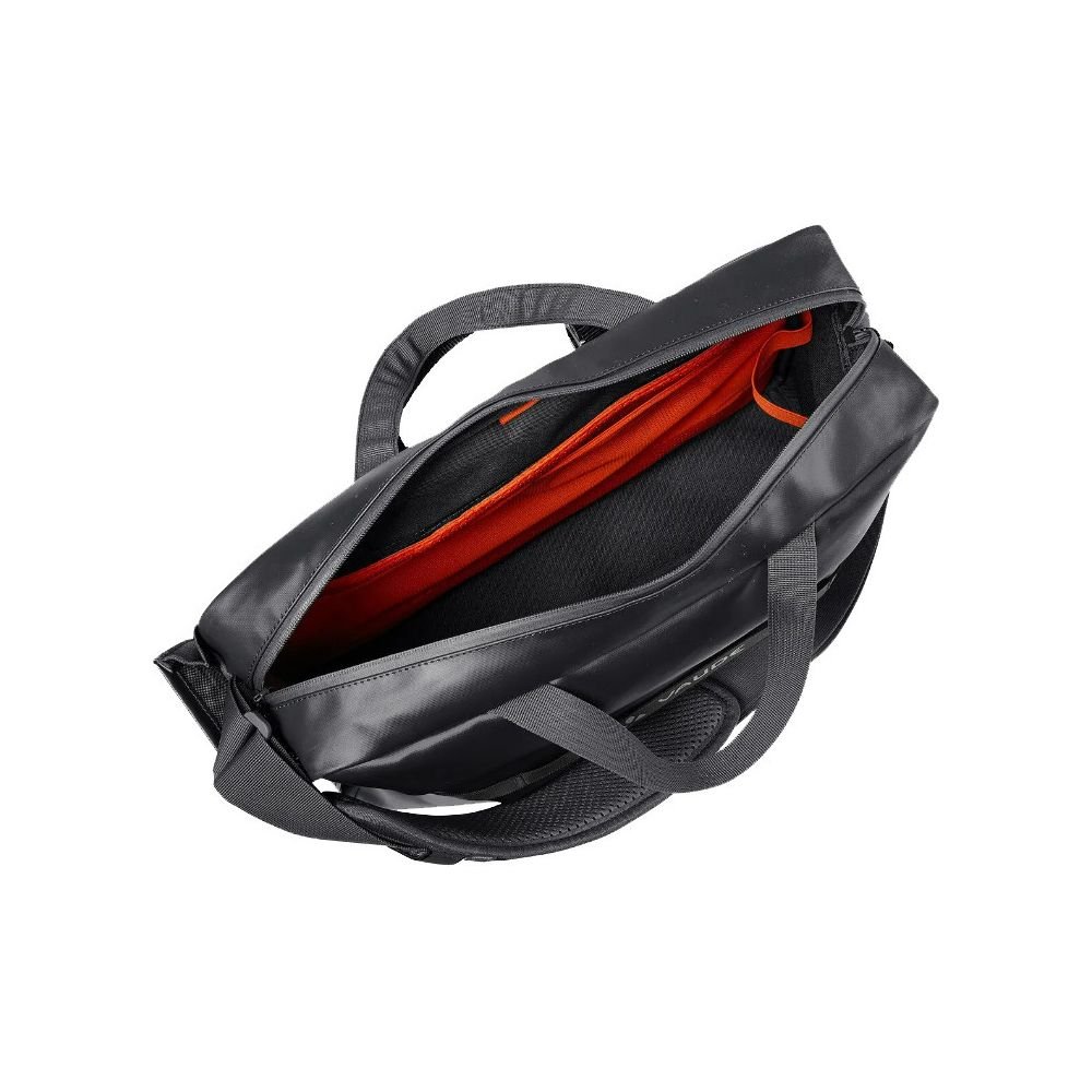 Un sac noir avec compartiment ouvert et doublure orange.