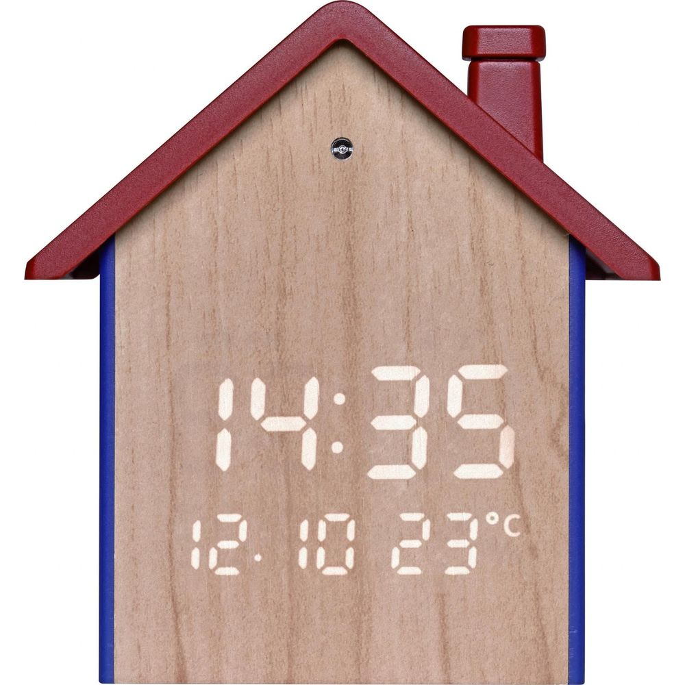 Horloge en forme de maison affichant 14:35 et 23°C.