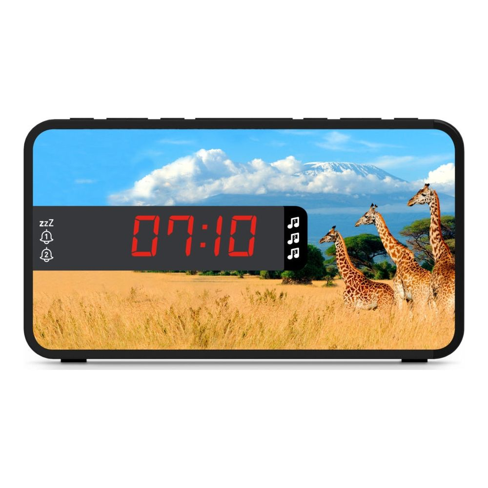 Un réveil affiche 07h10 avec des girafes dans un paysage de savane.