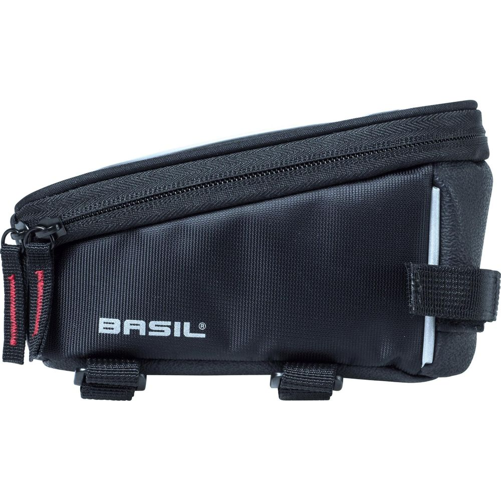 Sacoche de vélo noire avec fermeture éclair et logo Basil, sur fond blanc.