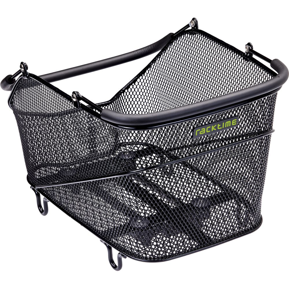 Panier de vélo noir en treillis métallique avec poignées et crochets.