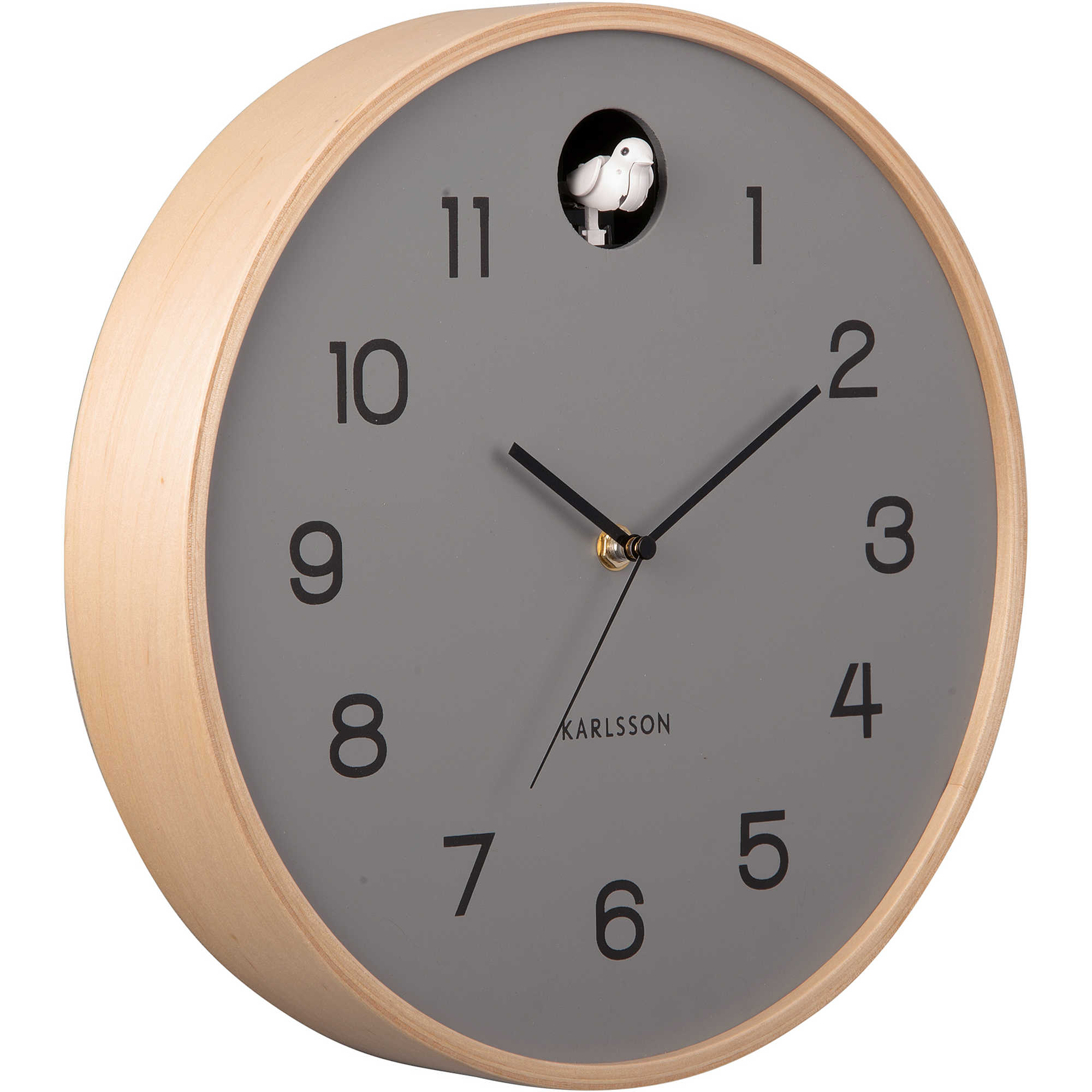 Horloge murale grise avec cadre en bois et détail d'oiseau au-dessus du 11.
