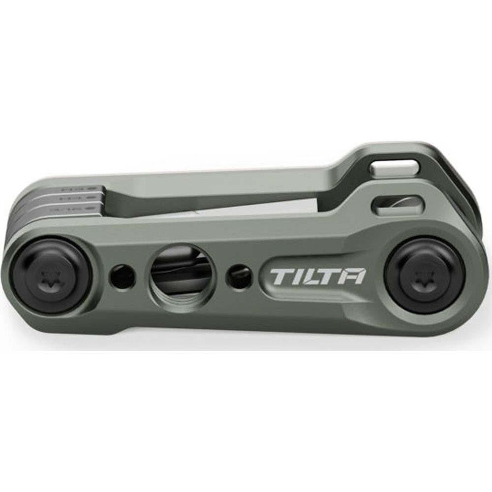 Portachiavi multiutensile grigio con logo "TILTA" e viti.