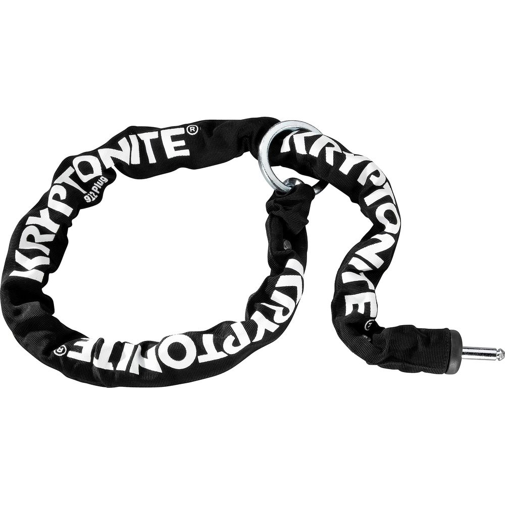 Schwarze Kryptonite-Kette mit weißem Schriftzug, silbernem Ring und Schloss.