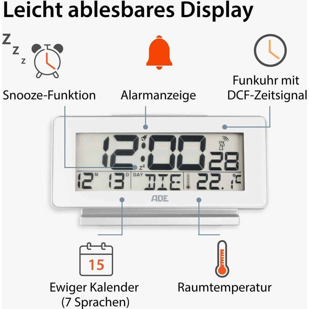 Horloge numérique avec réveil, calendrier et thermomètre. Affiche 12:00, 28, 13, DIE, 22.1°C.