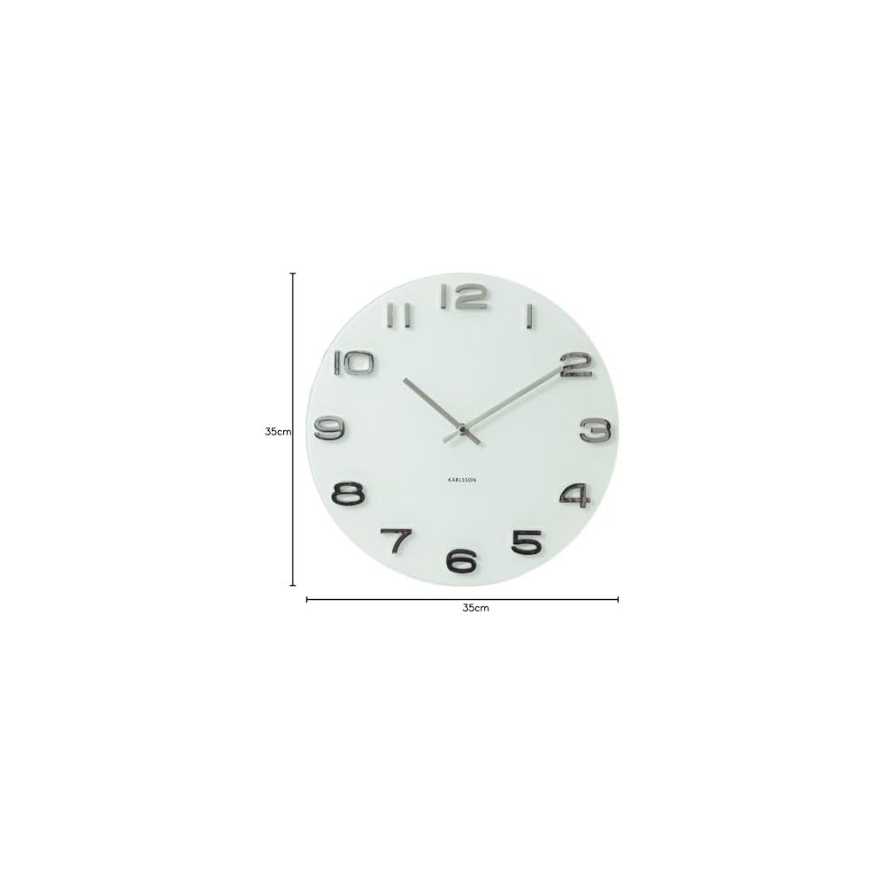 Un orologio rotondo bianco con numeri e lancette neri. Dimensioni 35 cm.