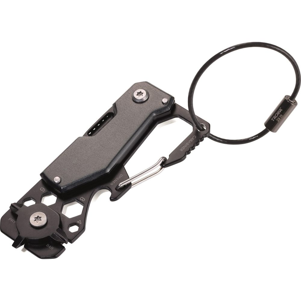 Grauer Multitool-Schlüsselanhänger mit Messer, Flaschenöffner und Karabiner.