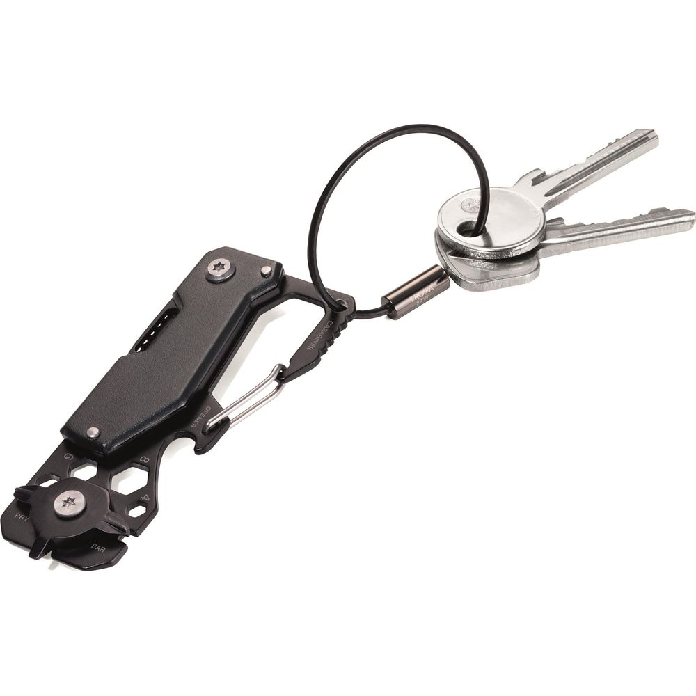 Schwarzes Multitool mit Schlüsselbund und zwei Schlüsseln.