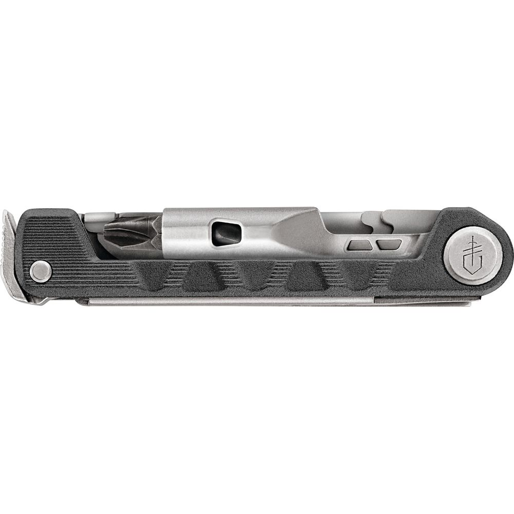 Ein graues Multitool mit schwarzem Griff und Bits.