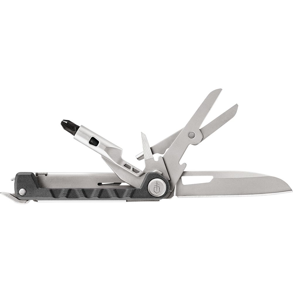 Ein silbernes Multitool mit Griffen, Messer, Schere und Bit.
