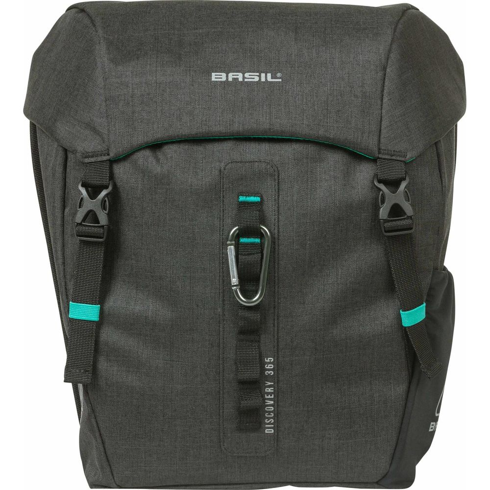 Sacoche de vélo gris foncé avec accents turquoise et boucles.