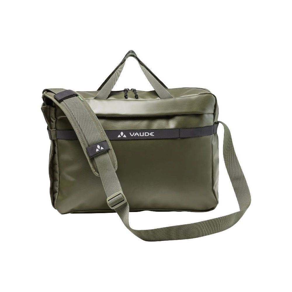 Sac VAUDE vert avec bandoulière et deux poignées.