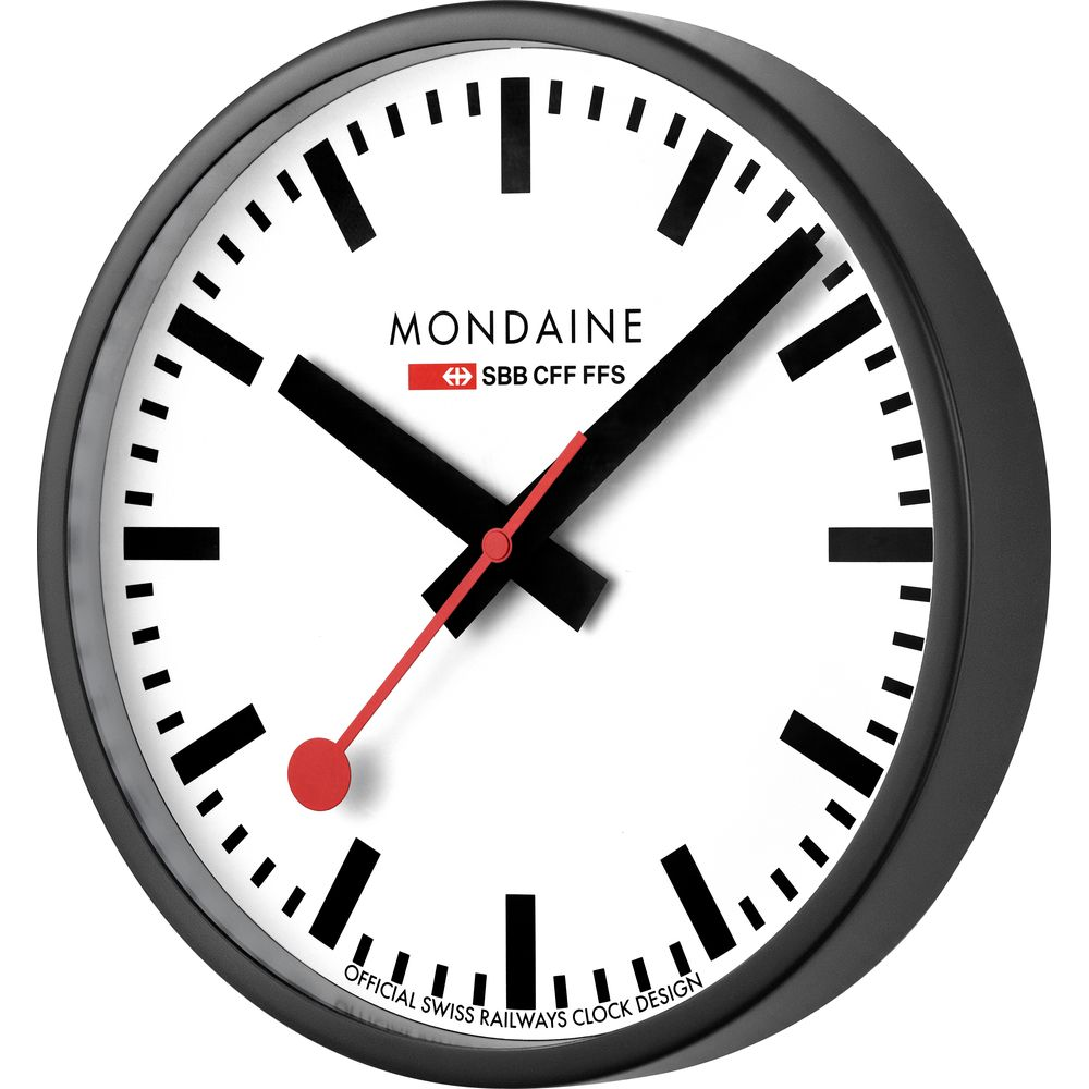 Un orologio Mondaine rotondo con cornice nera e quadrante bianco.