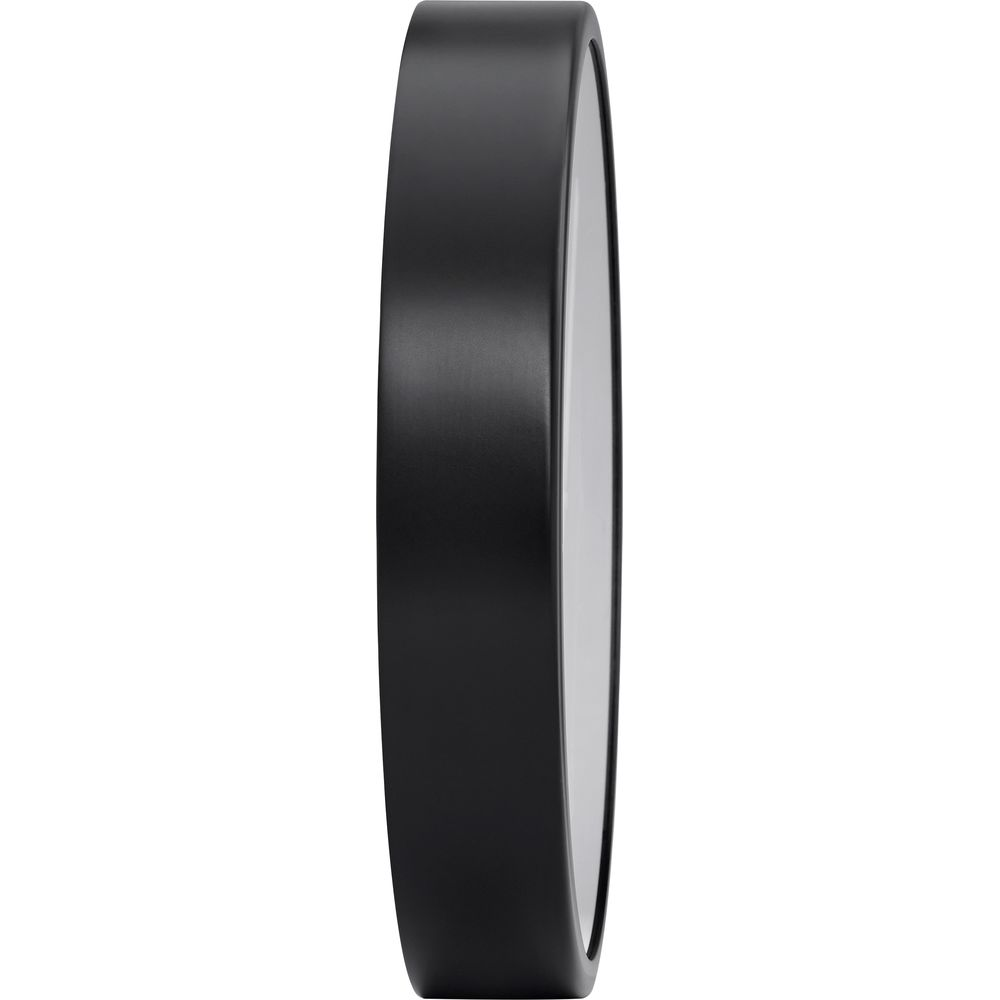 Specchio rotondo nero visto di lato, con sfondo bianco.
