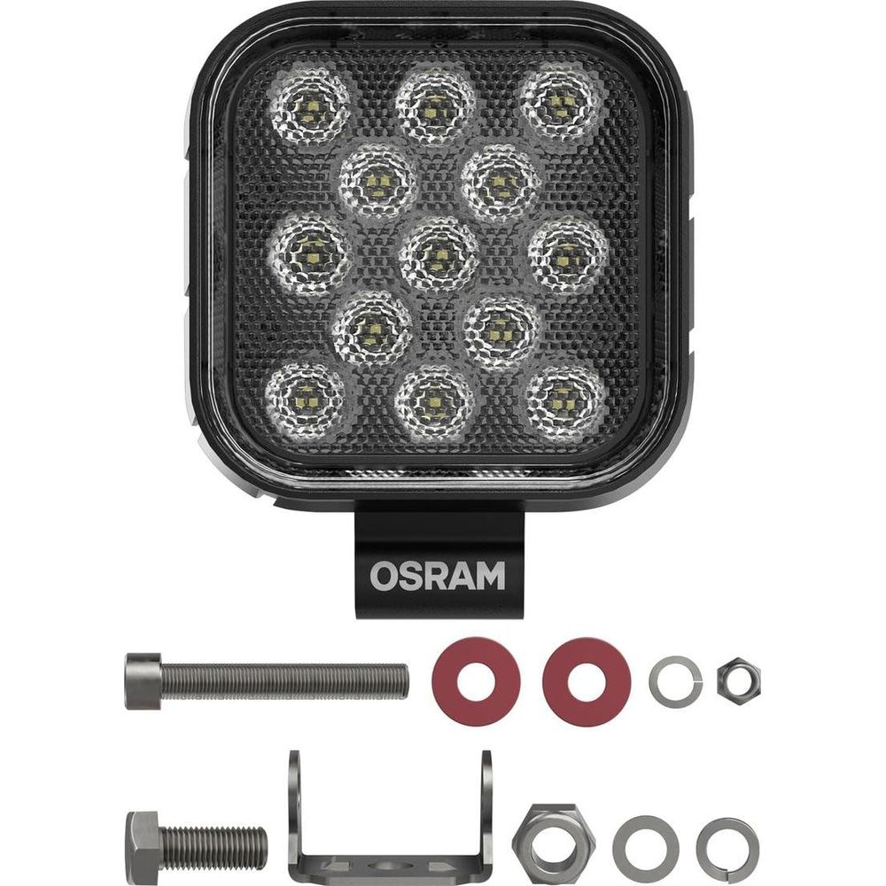 OSRAM quadratisches LED-Licht mit Montagehardware: Bolzen, Muttern, Unterlegscheiben und Halterung.