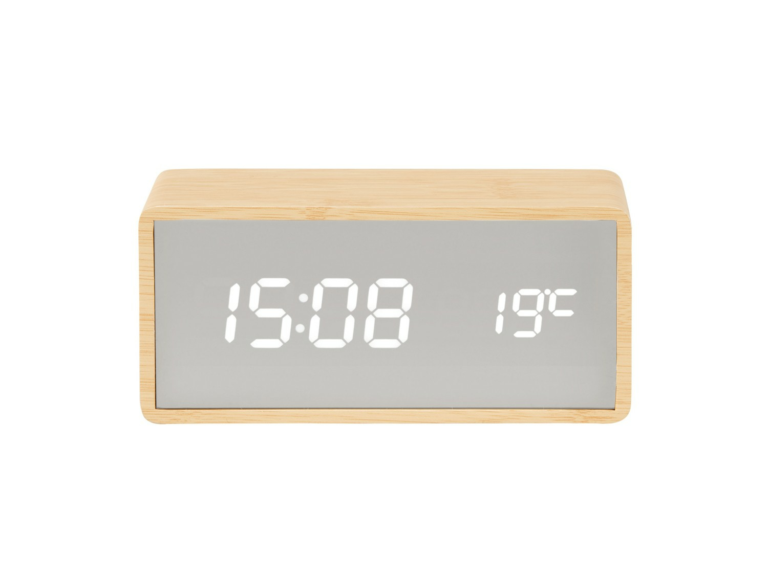 Digitaluhr aus Holz zeigt 15:08 und 19°C.